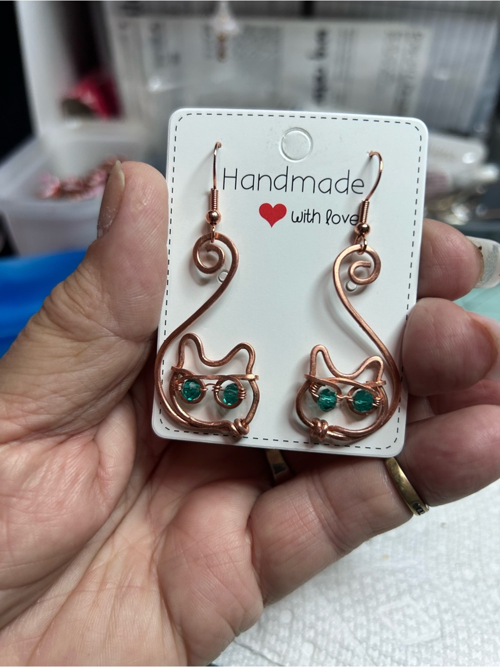 Handmade Copper Cat Earrings with Green sunglasses.
